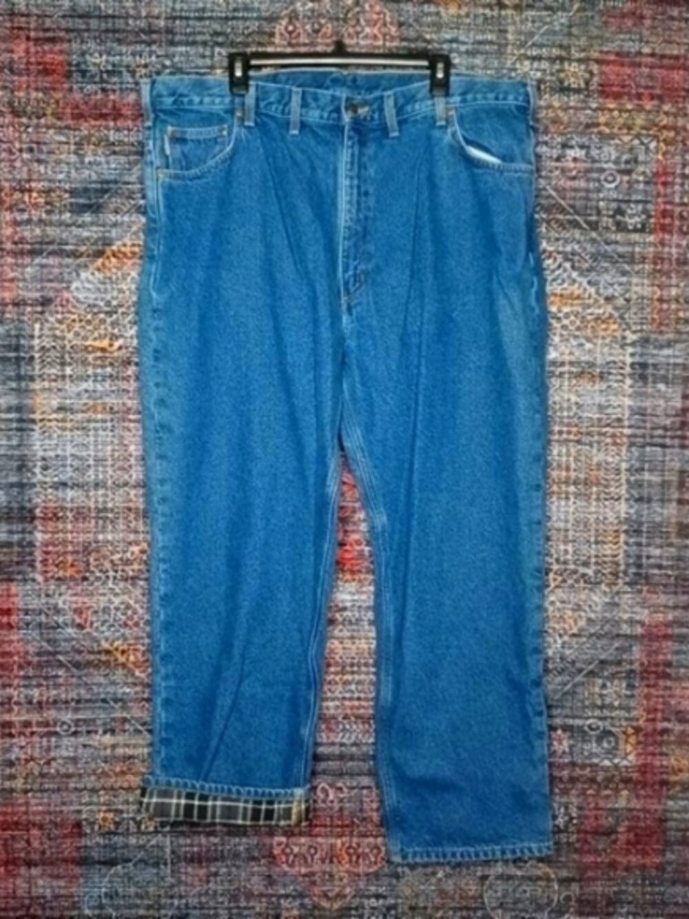 Carhartt mens dark wash relaxed fit flannel lined winter work jeans 46x30 EUC